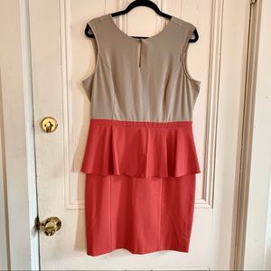 Tan and Coral Peplum Cocktail Dress